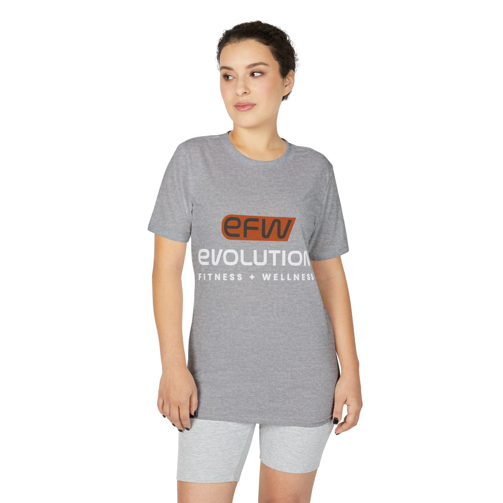 Model wearing heather grey Bet On YOU performance T-shirt, front view with EFW logo