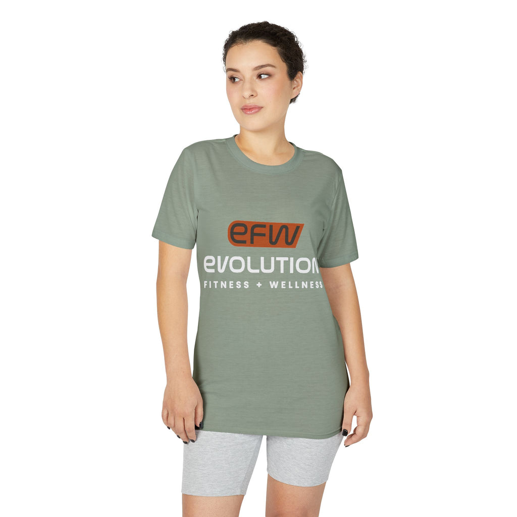 Model wearing sage green Bet On YOU performance T-shirt, front view with EFW logo