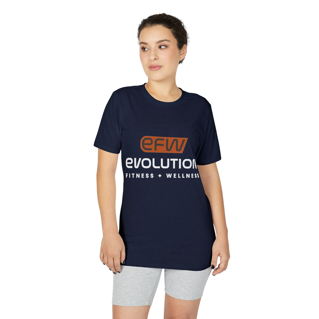 Model wearing navy Train. Recover. PERFORM. performance T-shirt, front view with EFW logo