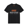 Black Train. Recover. PERFORM. performance T-shirt, front view with EFW logo