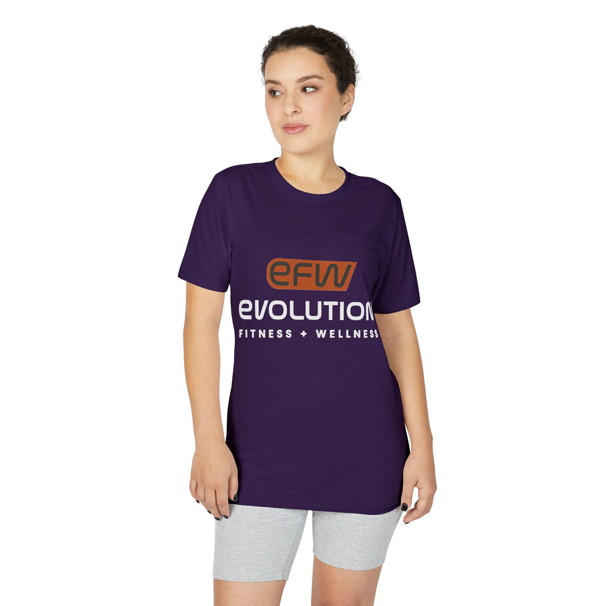 Model wearing purple Train. Recover. PERFORM. performance T-shirt, front view with EFW logo