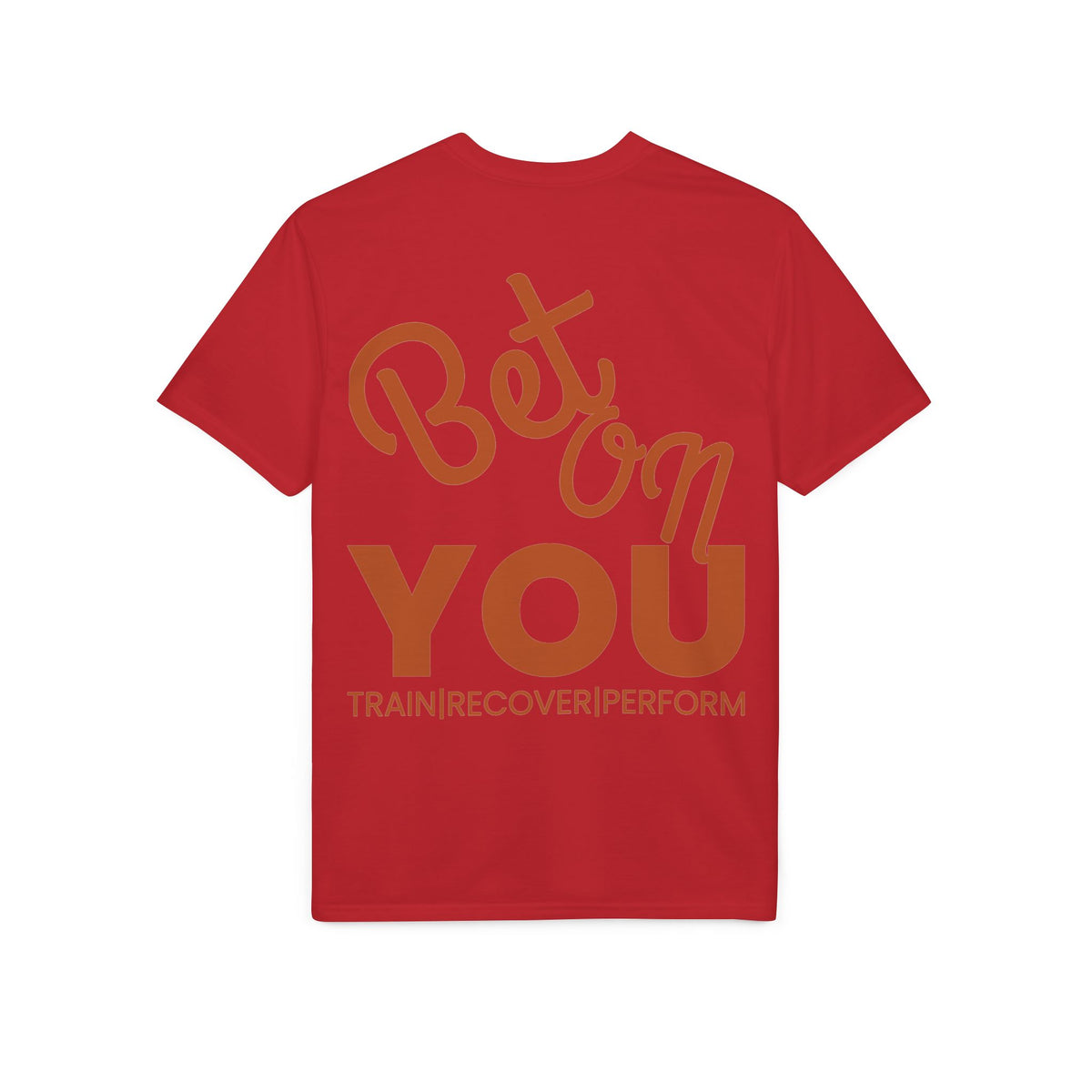 Red Bet On YOU performance T-shirt, back view with "Bet On YOU" print